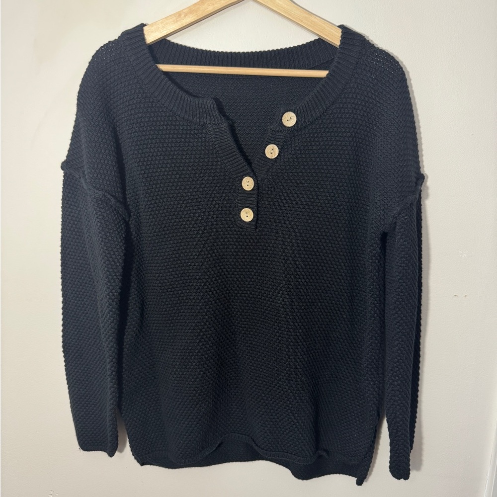 Black Waffle Knit Button V-neck  Sweater